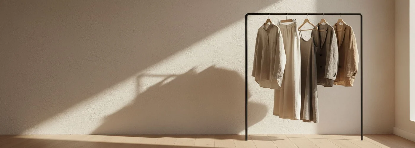A clothing rail holding neutral linen garments against a warm off-white wall.