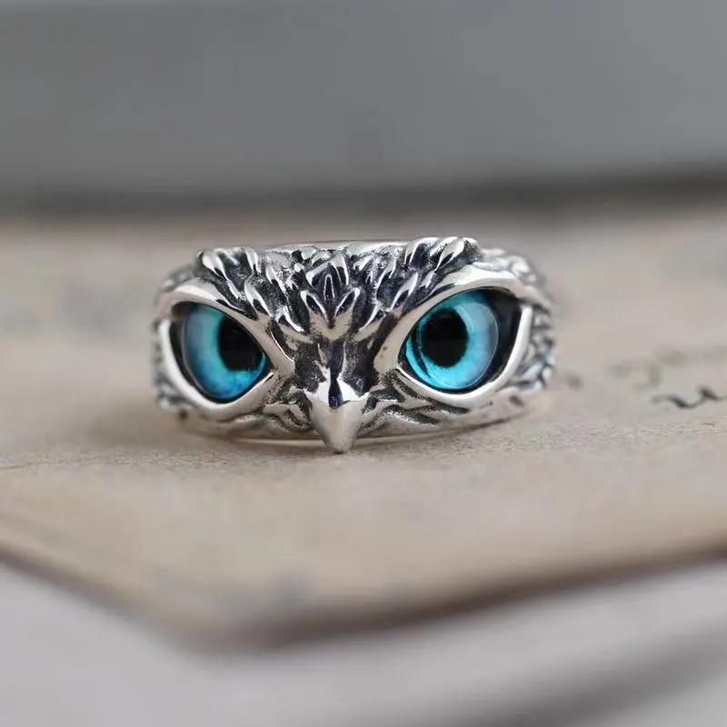 1pcs Vintage Rings For Men And Women Simple Hip Hop Style Adjustable Owl With Blue Resin Eyes Holiday Jewelry
