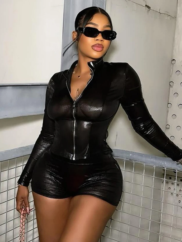 2 Piece Outfit Set Women Spring Clothes Long Sleeve Zipper Jacket and Shorts Night Club Wears for Women Sexy Black Party Outfit