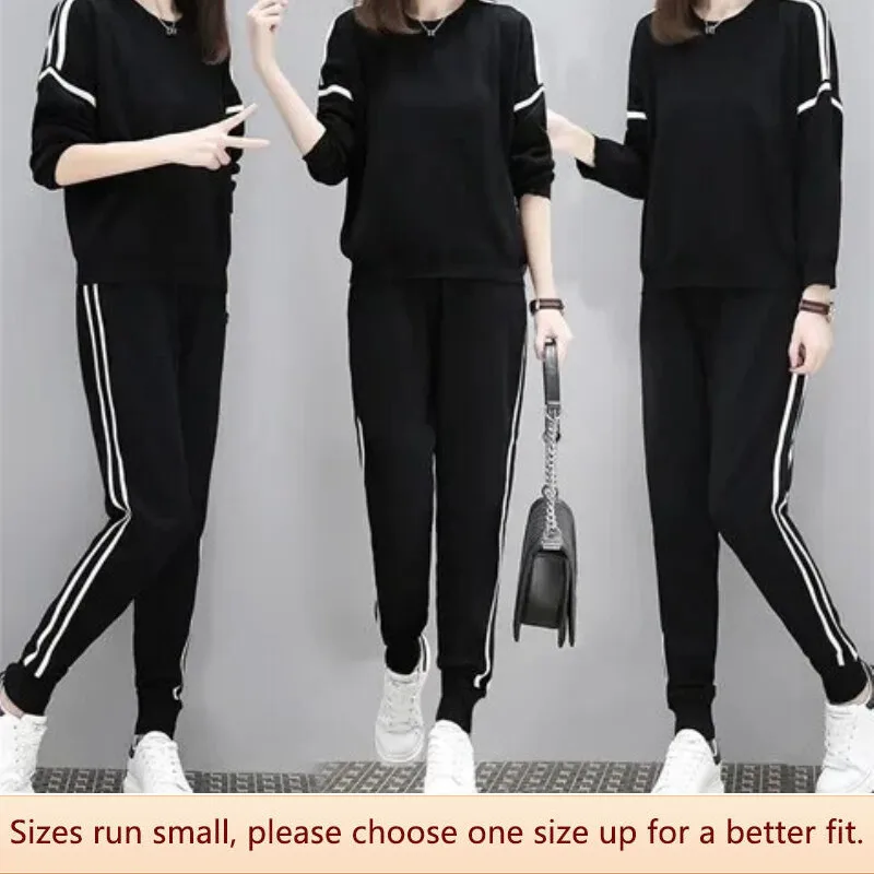 200kg Loose Sports Set Women Autumn Fashionable Slimming Two-piece Set Polyester Fabric Long Pants