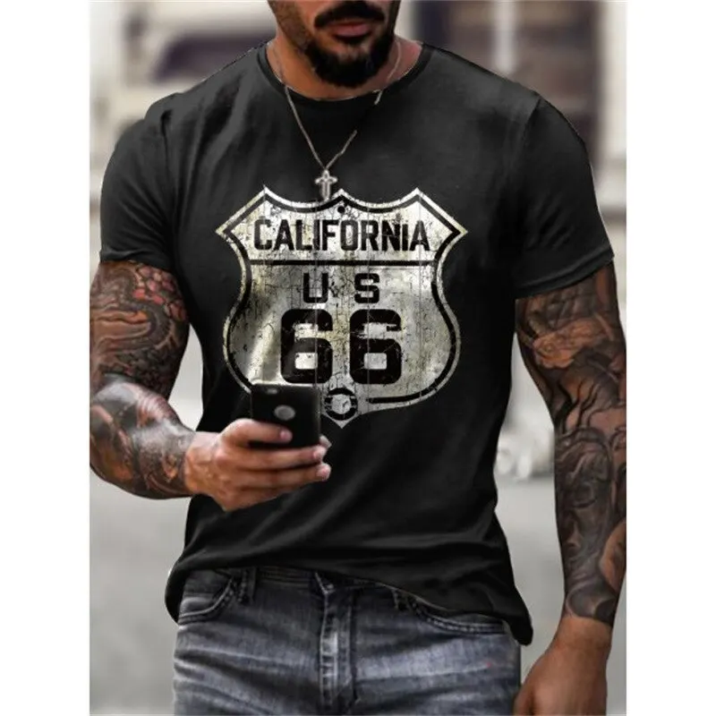 2023 New Men’s Vintage T-Shirt 3D Printed American Plus-Size Hip-Hop Personality 66 Designed Short-Sleeved Daily Casual Clothing