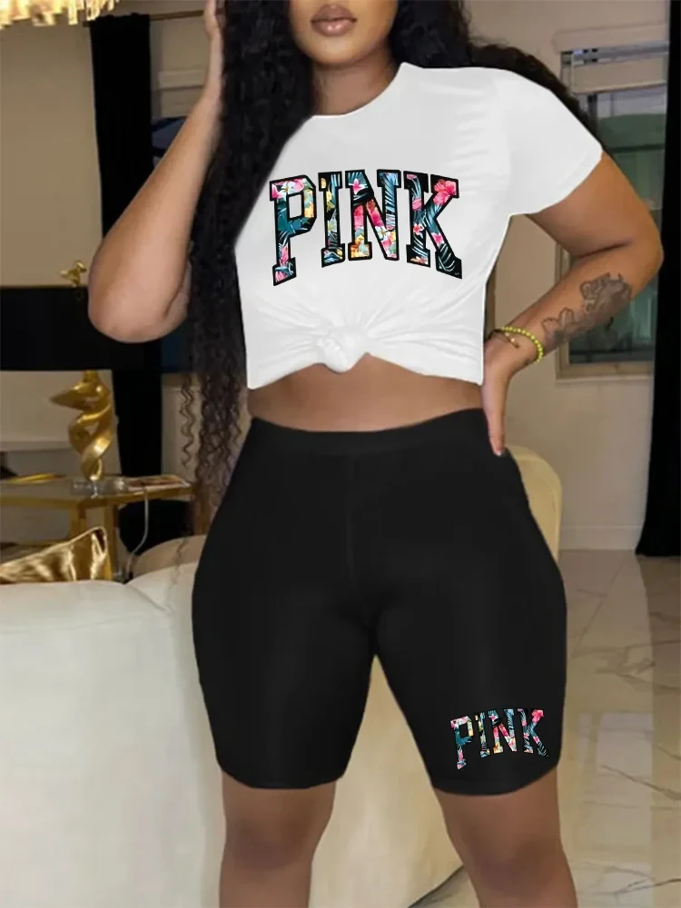 Alphabet pink print casual two-piece set, round neck short sleeve t-shirt and slim biker shorts set, women’s clothing