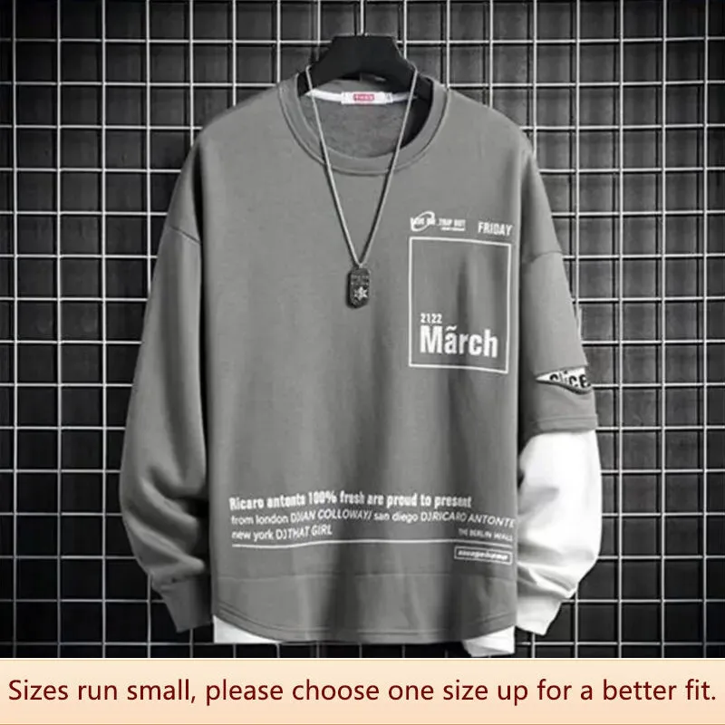 Autumn Loose Long Sleeve Shirt Men Trendy Student Versatile Wide Sleeve Faux Two-piece Set Casual Fiber Fabric