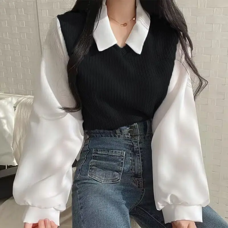 False Two-piece Polo Collar Women’s Blouse Spring Casual Korean Shirt Y2k Tops Streetwear Loose Female Pullovers Elegant Blouses
