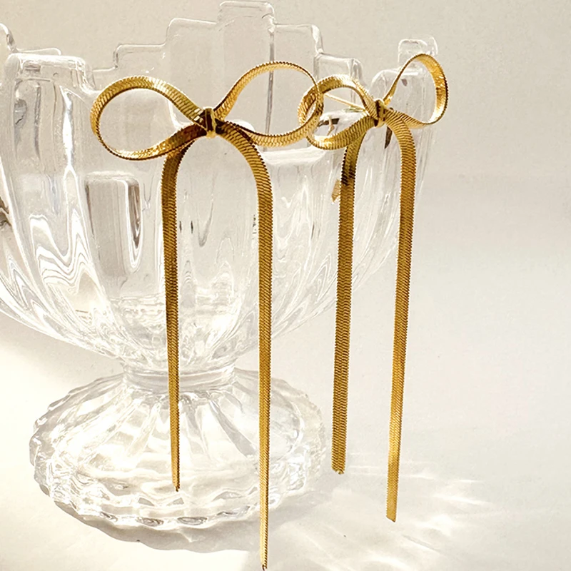 Fashion Long Tassel Bow Earrings for Women stainless steel Flat Snake Chain Bowknot Drop Earrings Statement Jewelry Girls Gift