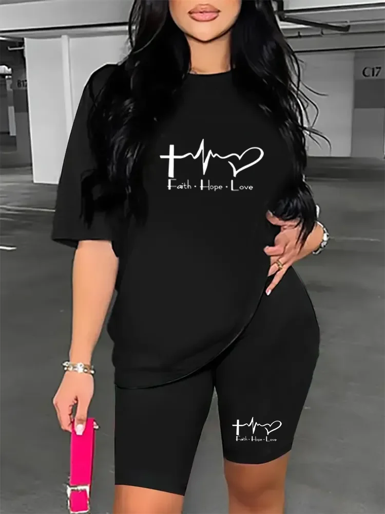 Graphic Print Two Piece Set, Short Sleeve T-shirt & Short Leggings, Women’s Clothing