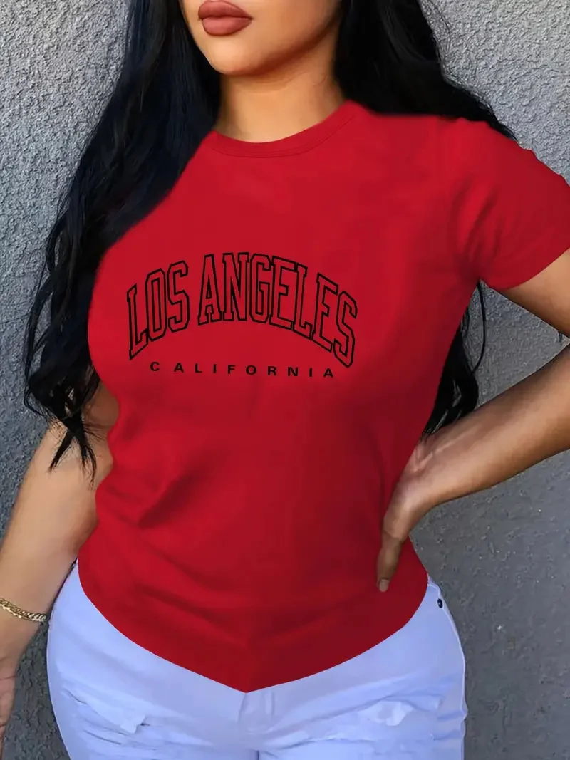 LOS ANGELES Letter Print Crew Neck T-shirt, Casual Loose Short Sleeve Fashion Summer T-Shirts Tops, Women’s Clothing