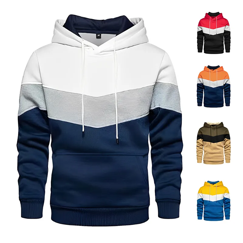 Men’s Patchwork Hoodie Outdoor Casual Sportswear Street Fashion Men’s Fleece Thermal Hooded Sweatshirt Fall Winter Black