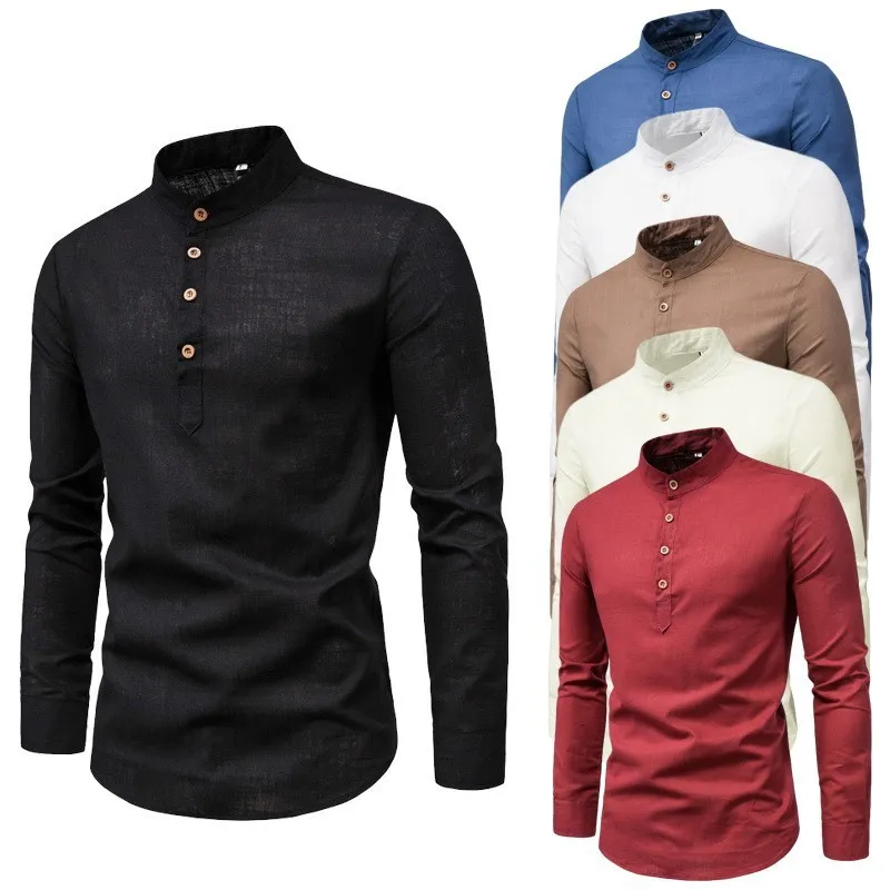 Men’s solid color casual slim fitting standing collar long sleeved business shirt shirt