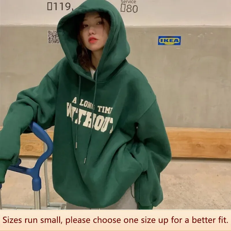Spring Autumn Winter Fleece Hoodie Sweatshirt Women Loose Letter Print Top Student Couple Outerwear Casual Korean Style