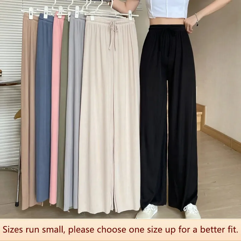 Spring Summer Autumn Women High-waist Ice-silk Slim Fit Loose Style Dragging Casual Straight Pants Y