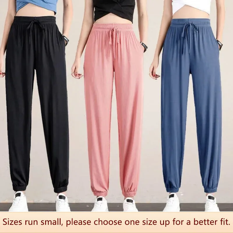 Summer Ice Silk Thin Casual Pants Drawstring Pocket Women Trousers Versatile Casual Sports Pants Korean Style Loose Trousers