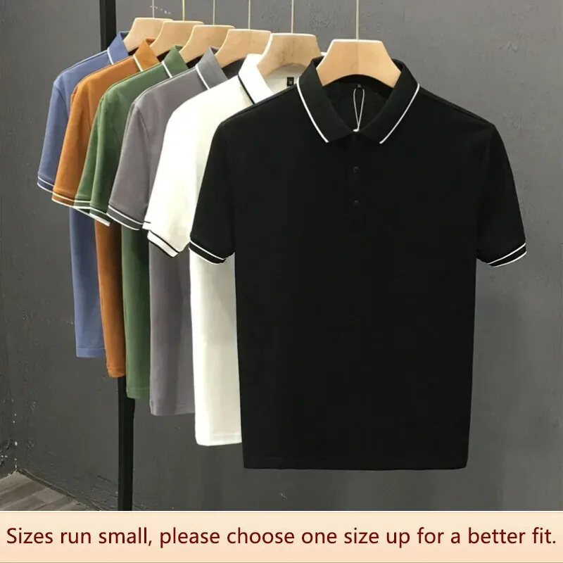 Summer Men Short Sleeve Business Polo Shirt Ice Silk Beads High-end Plain Pattern Washable Wear-resistant No-iron Color-blocking