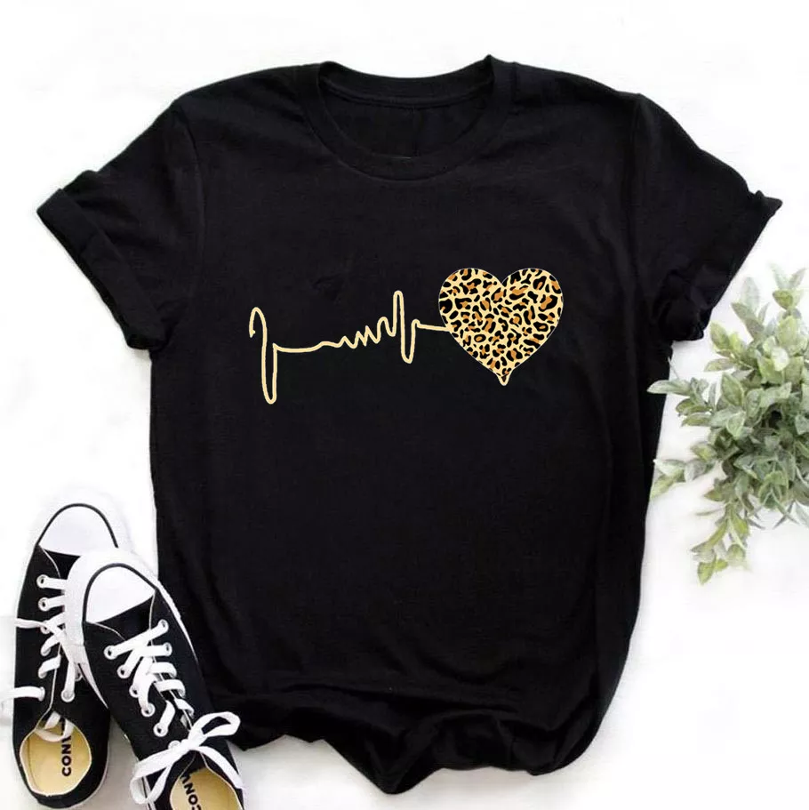 Summer New 90 ’s Leopard Heartbeat Short Sleeve Print Clothing Women’s T-Shirt Harajuku Graphic Clothing Women’s Top,Drop Ship