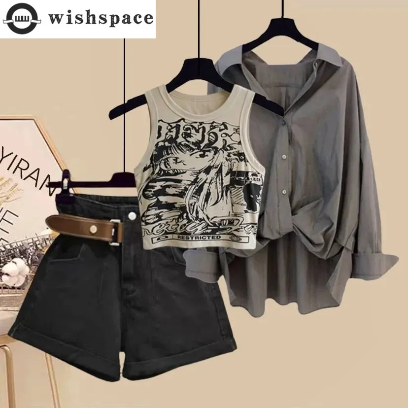 Summer New Vintage Printed Tank Top Casual Chiffon Shirt Denim Shorts Three Piece Set Elegant Women’s Pants Set Outfits