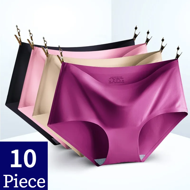 TrowBridge 10PCS/Set Women’s Panties Solid Seamless Underwear Plus Size Comfortable Briefs Silk Satin Lingerie Health Underpants