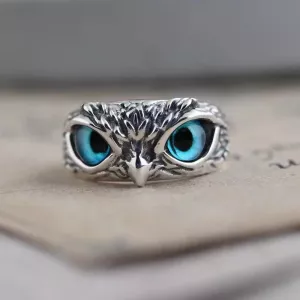 1pcs Vintage Rings For Men And Women Simple Hip Hop Style Adjustable Owl With Blue Resin Eyes Holiday Jewelry