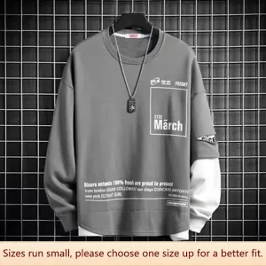 Autumn Loose Long Sleeve Shirt Men Trendy Student Versatile Wide Sleeve Faux Two-piece Set Casual Fiber Fabric