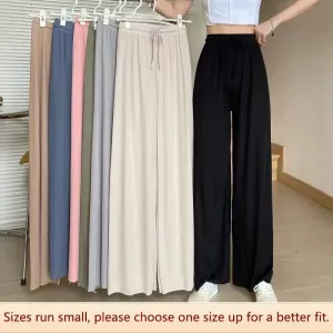 Spring Summer Autumn Women High-waist Ice-silk Slim Fit Loose Style Dragging Casual Straight Pants Y