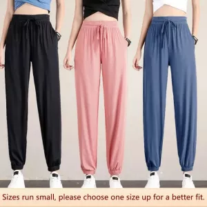 Summer Ice Silk Thin Casual Pants Drawstring Pocket Women Trousers Versatile Casual Sports Pants Korean Style Loose Trousers