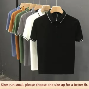 Summer Men Short Sleeve Business Polo Shirt Ice Silk Beads High-end Plain Pattern Washable Wear-resistant No-iron Color-blocking