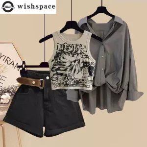 Summer New Vintage Printed Tank Top Casual Chiffon Shirt Denim Shorts Three Piece Set Elegant Women's Pants Set Outfits