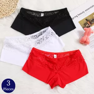 TrowBridge 3PCS Women's Panties Soft Lace Boxers Breathable Lingerie Comfortable Boyshorts Silk Satin Underwear Sport Underpants