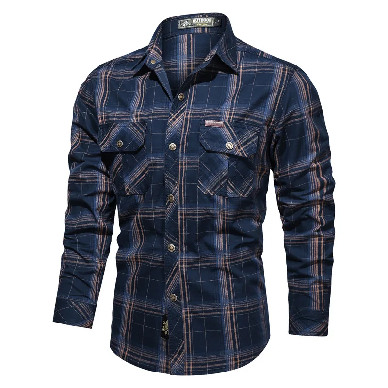 100% Cotton Men’s Plaid Military Shirts Single Breasted Casual Long Sleeve Tops Man Business Summer Slim Shirt Military Uniform
