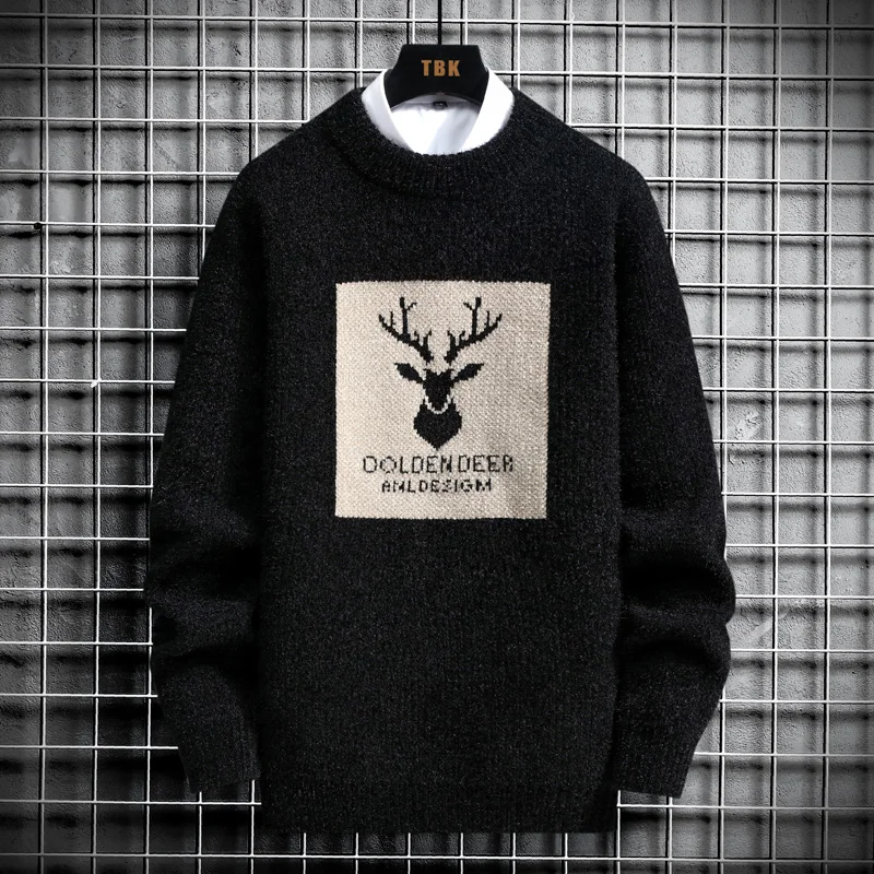 2022 Autumn Vintage Sweaters Oversized Mens Knitted Sweater Men Deer Print Pullover Hip Hop Harajuku White Padded Velvet Sweater
