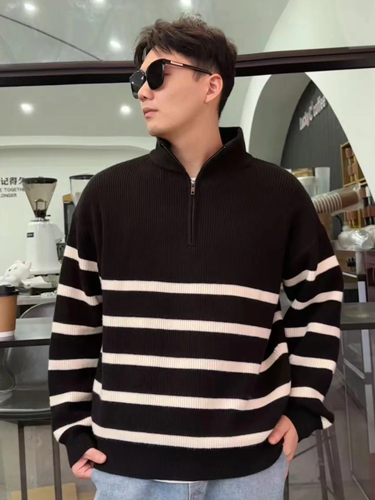 2023 New Winter Half-Zip Sweaters Men Korean Fashion Long Sleeve Striped Loose Pullovers Heavyweight Thick Warm Knit Tops Sweter