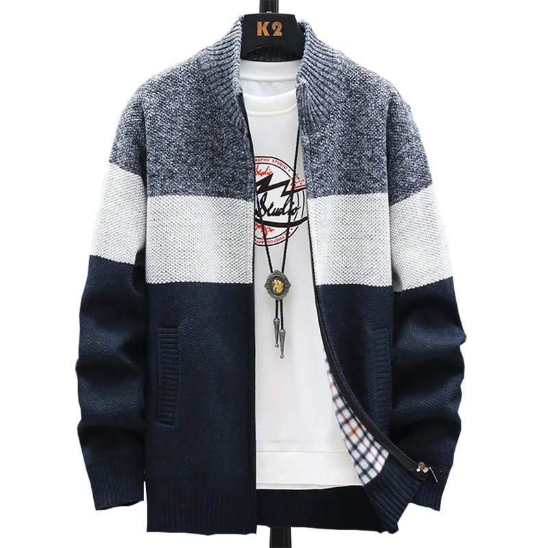 2023 Winter Men Sweater Add Velvet Cardigan Patchwork Color Stand Collar Male Casual Zipper Knitted Thick Warm Sweatercoat