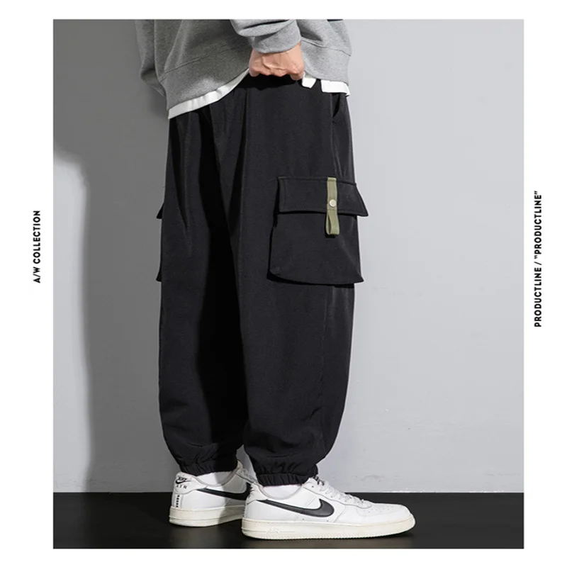 2023 new black workwear pants for men’s autumn and winter, loose and straight tube, oversized and enlarged with multiple pockets