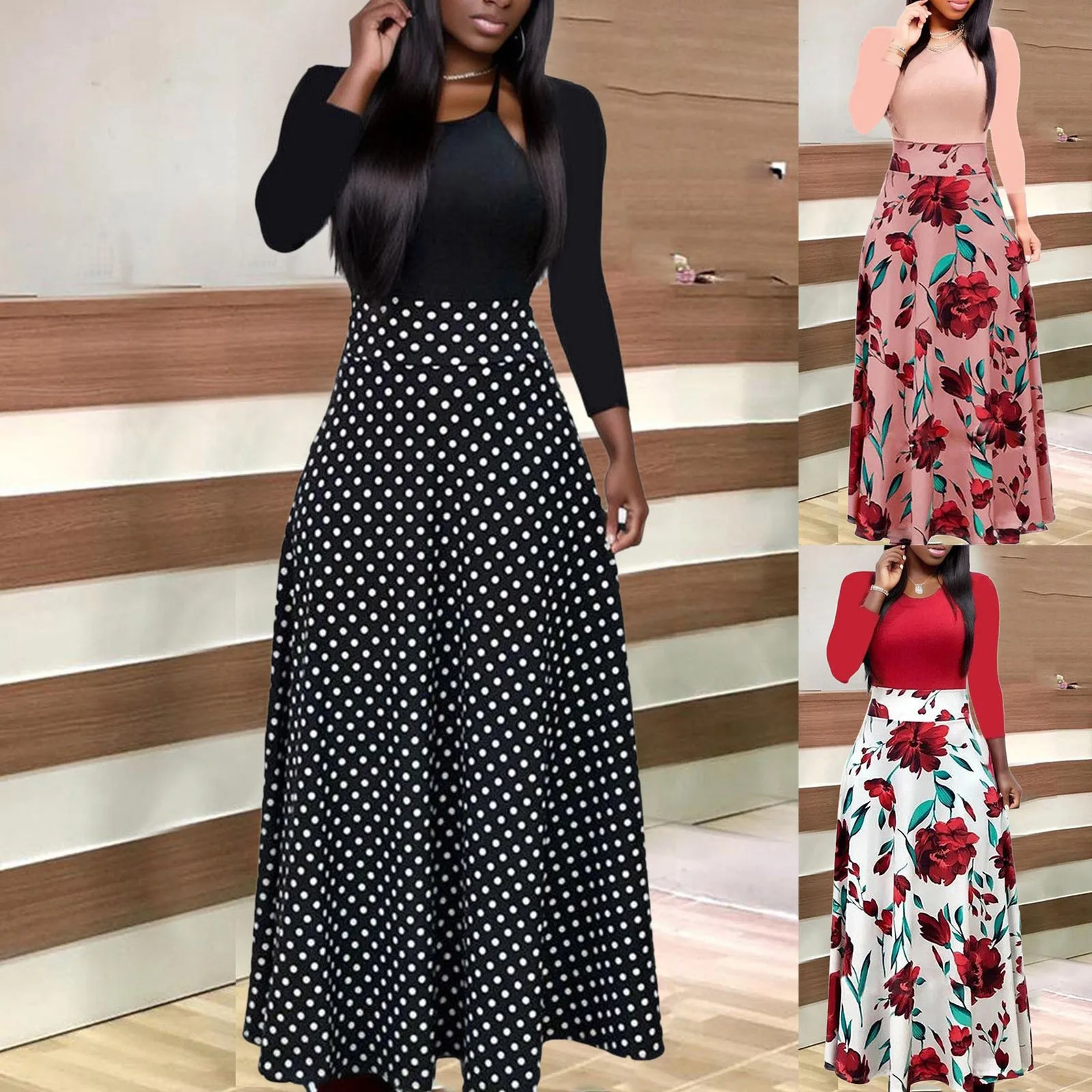 2024 European and American Style Flower Print Color Matching Long Sleeved Dress For Women’s Large Swing Dresses