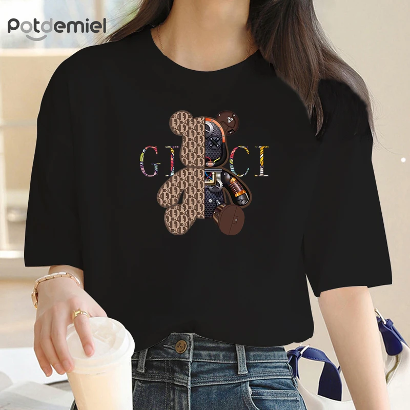 2024 New Crew Neck Clothing Fashion Robot Bear Pattern Printed Short Sleeve T-Shirt Trend Women’s Summer Y2K Short Sleeve Top