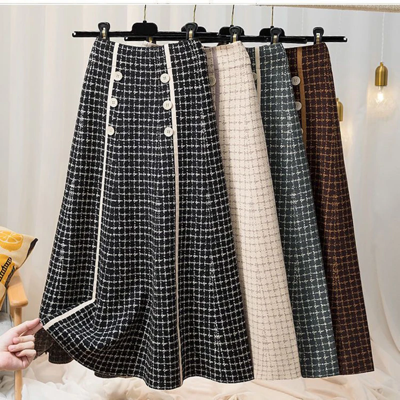 2024 Spring New Plaid button knitted skirt high waist women fashion new mid-length large swing a-line skirt midi 2023 Elegance