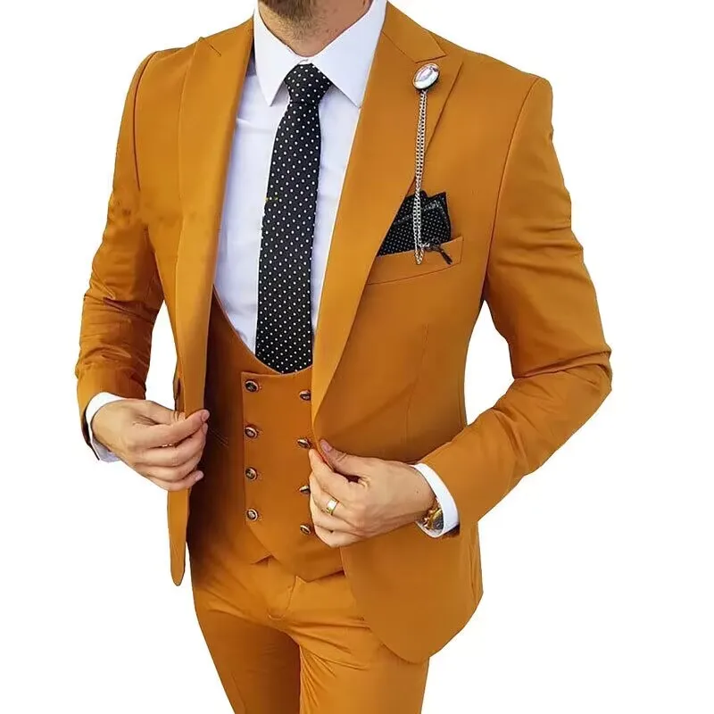 3 Piece Men Suits for Wedding Party Business Orange Peak Lapel One Button Slim Fit Men Tuxedos (Blazer+Vest+Pants)Costume Homme