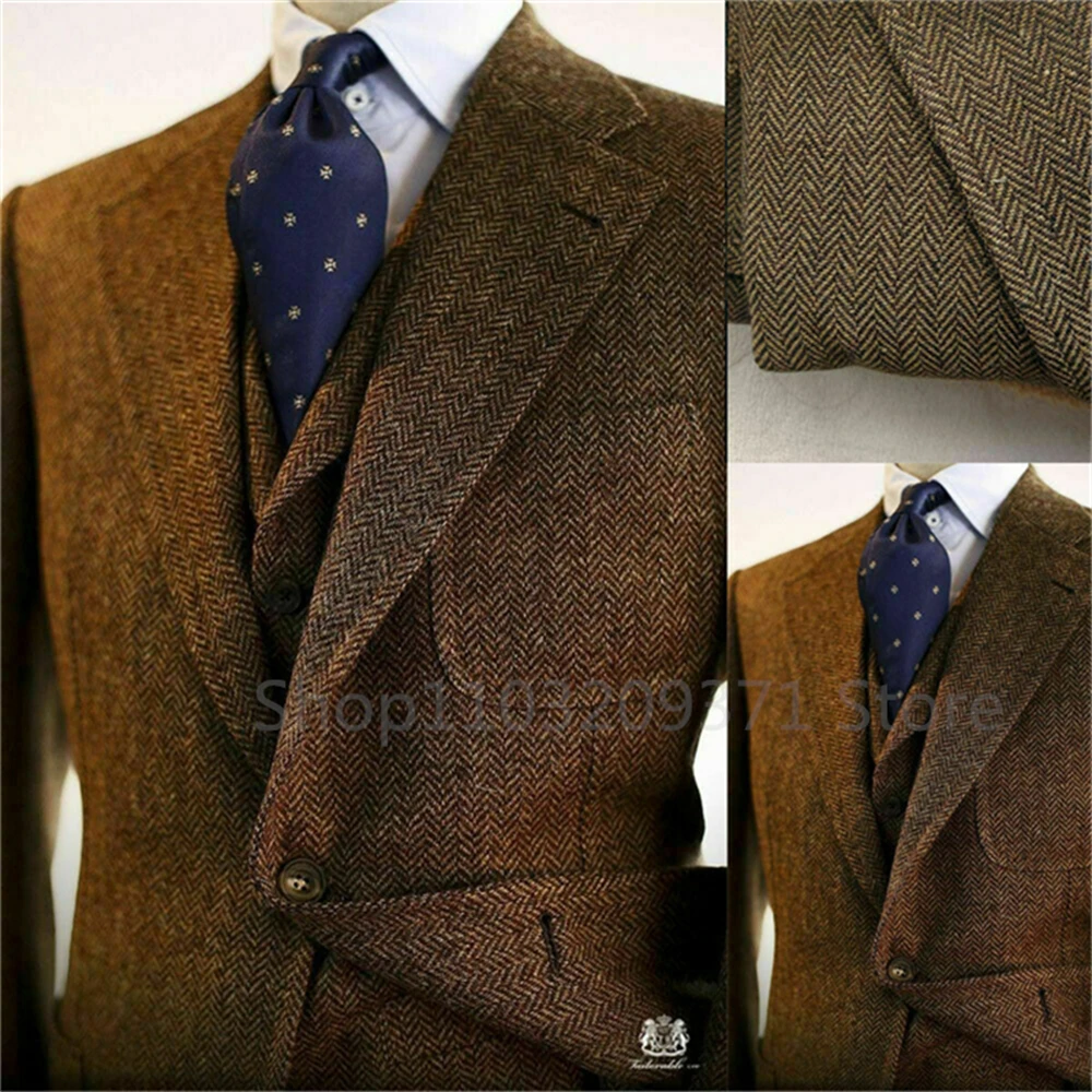 3 Pieces Men’s Suits Tweed Herringbone Slim Fit Business Cauasl Waistcoat Jacket Groomsmen Wedding Suits(Blazer+vest+Pants)