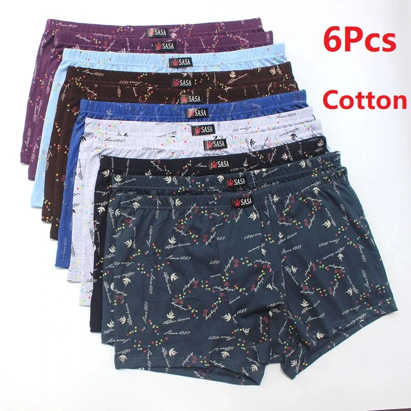 6Pcs/Lot Men’S Underwear Boxer Shorts Cotton Plus Size Loose Breathable Mid-Waist Print Sexy Middle-Aged Men’S Shorts