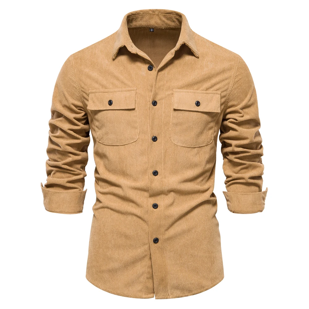 AIOPESON 2023 Autumn New Cotton Shirt Men’s Business Casual Shirt Lapel Solid Pocket Men’s Shirt Men’s Autumn Fashion Shirt
