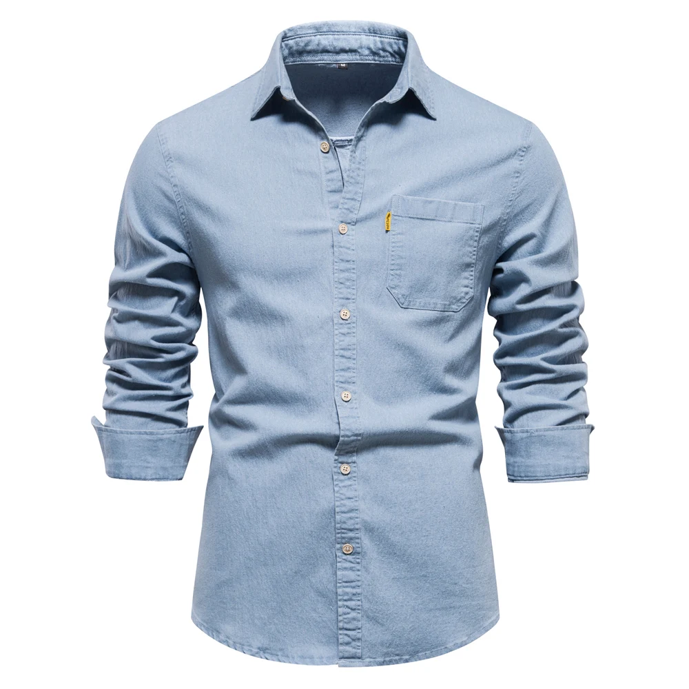 AIOPESON Autumn New Cotton Men’s Denim Shirt Solid Color Single Pocket Casual Long Sleeve Shirt Autumn Jeans Shirt for Men