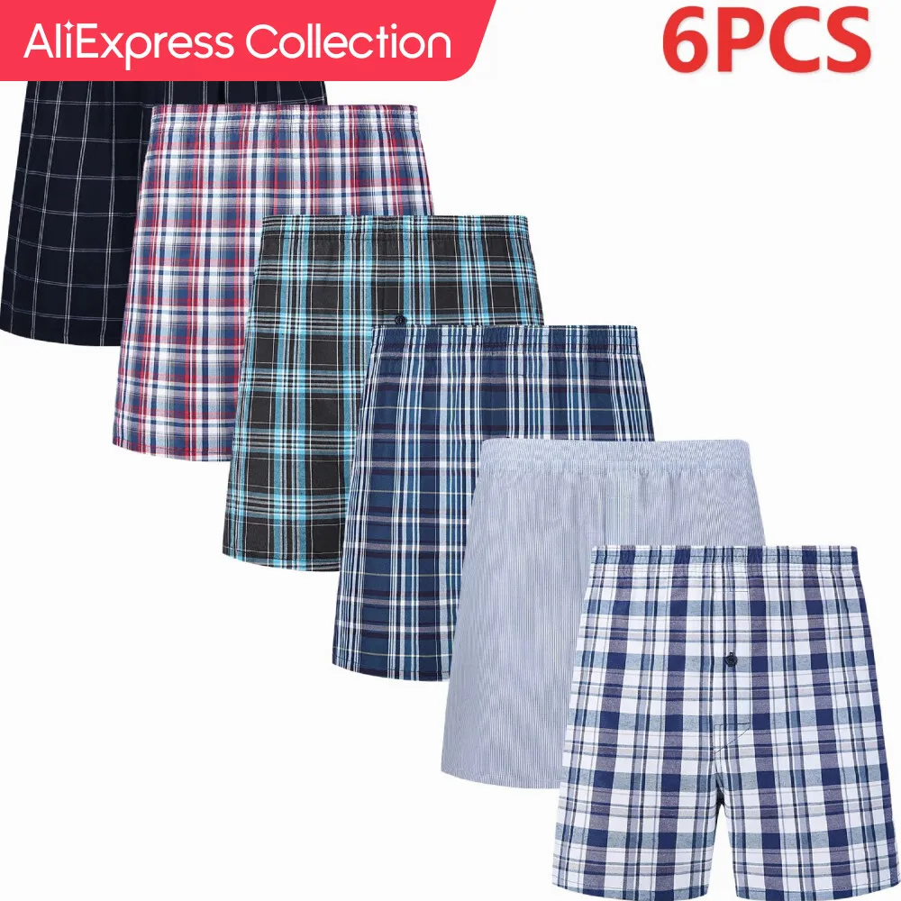 AliExpress Collection JupiterSecret 6 Pcs Boxer Shorts Casual Plaid Elastic Waistband Button Mens Boxer Underwear Woven Shorts