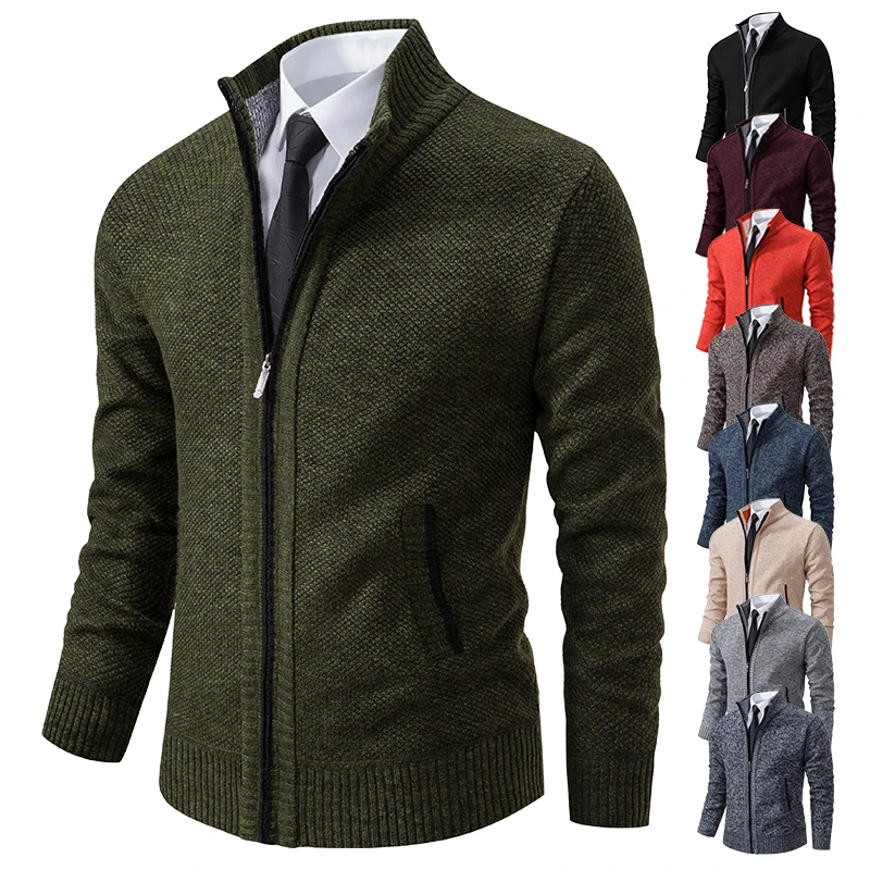 Autumn And Winter New Jersey Men’s Casual Sports Coat Solid Color Stand Collar Wweater Grab Fleece Warm Zipper Cardigan