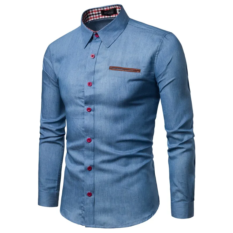 Autumn Men’s Pocket Panel Leather Long Sleeve Shirt Anti Denim Versatile Slim Fit Shirt