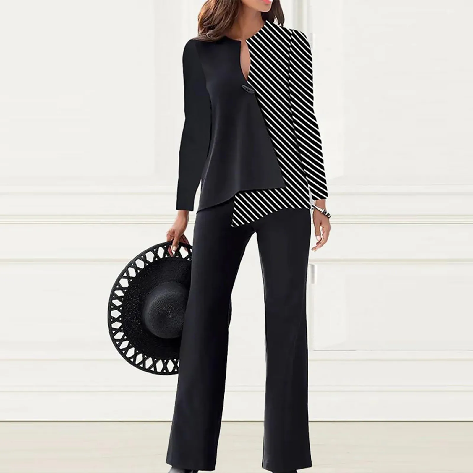 Autumn New Fashion 2-piece Top Pants O Necks Female Elegant Loose-fitting Suit Set Business Suit Blazer Set Blouse Trousers