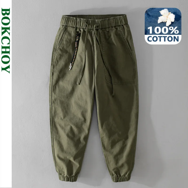 Autumn New Men’s Cotton Simple Cargo Pants Casual Solid Color Elastic Waist Soft Street Joggers Men Trousers F7622