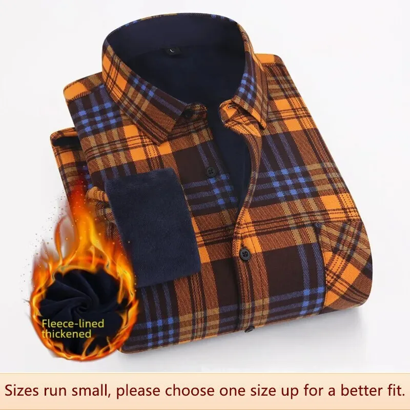 Autumn Winter Men Plaid Fleece Shirt Thickened Business Casual Outdoor Wear Men Shirt Polyester Fabric Daily Use