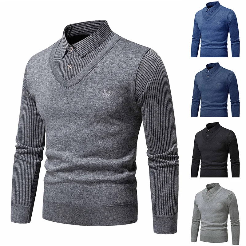Autumn and Winter New Men’s Fake Two Piece Sweater with Fleece and Slim Fit Polo Collar Knitted Bottom Shirt Thickened and Warm