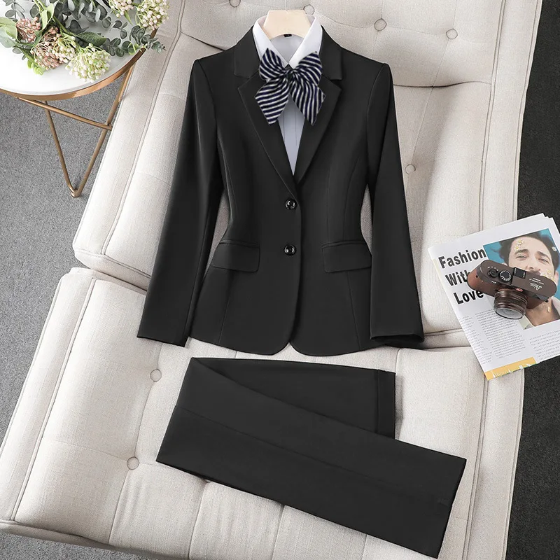 Business Women’s Suit Black Navy Blue Notch Collar Blazer Pencil Pants Formal Pantsuit For Professional Women’s Outfits