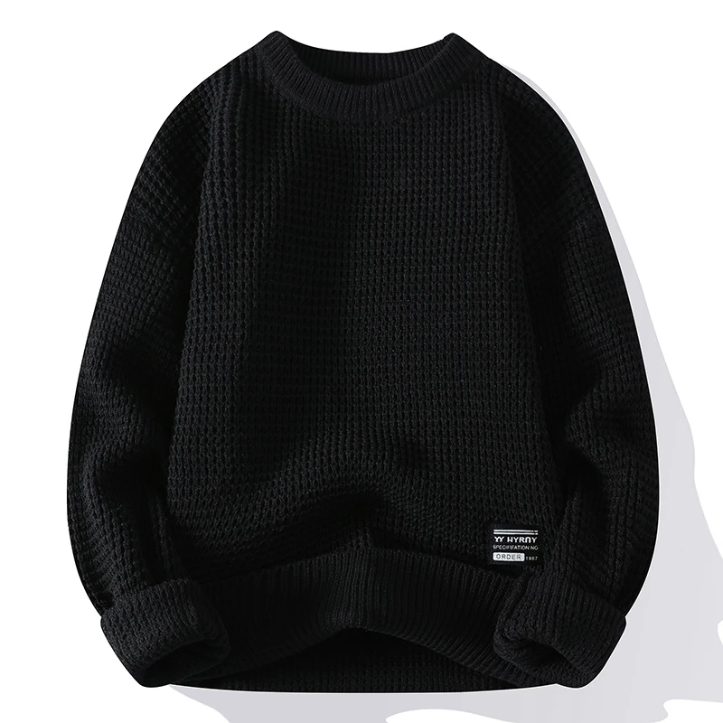 Casual Men’s Round Neck Sweater Solid Color Texture Warm Knit Slim Fit Pullover Sweater Fashion New Winter