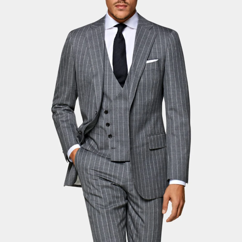 Classic Pinstripe Gray Suit For Mens Formal Business Blazer Wedding Groom Tuxedo Slim Fit 2 Piece Jacket Pants Costume Homme